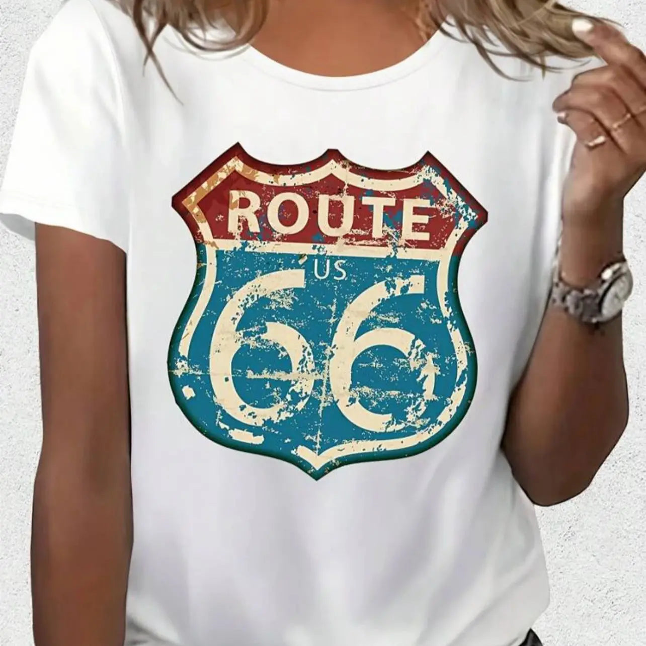 Women's short-sleeved round-neck casual T-shirt with the ROUTE 66 letter pattern printed on it