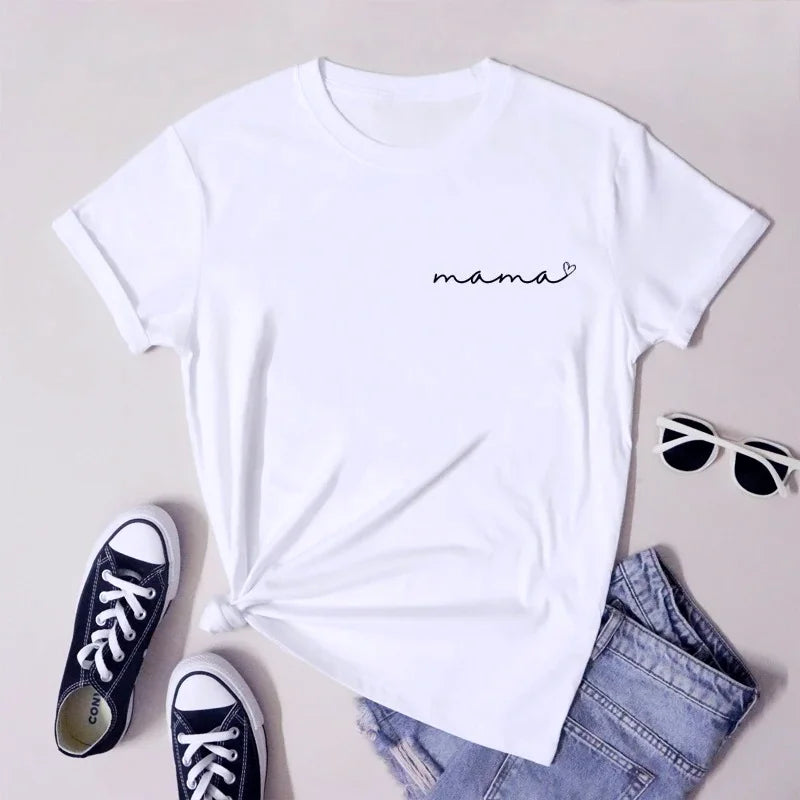 Mama Heart Pocket Print T-Shirt Cute Mother's Day Gift Shirt Camiseta Stylish Cool Mom Grunge Tee Top Summer Women‘s Y2K Clothes