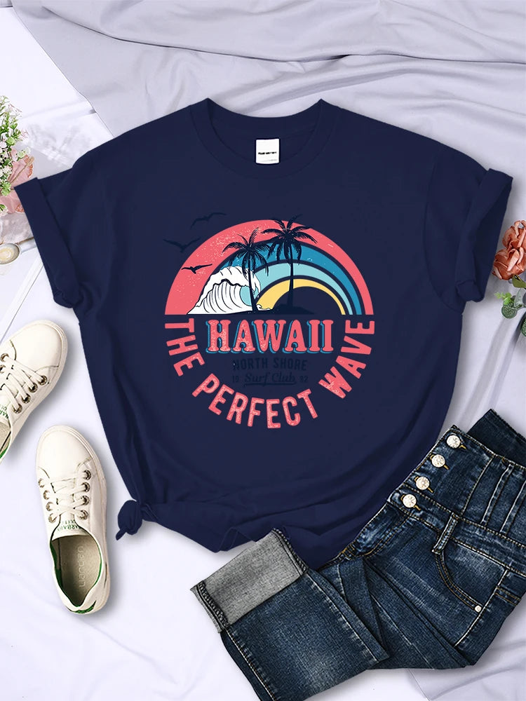 Hawaii The Perfect Wave Womens Tshirt Summer Breathable Casual T Shirt Fashion Soft Tops Hip Hop Oversize Fashion T Shirt Women