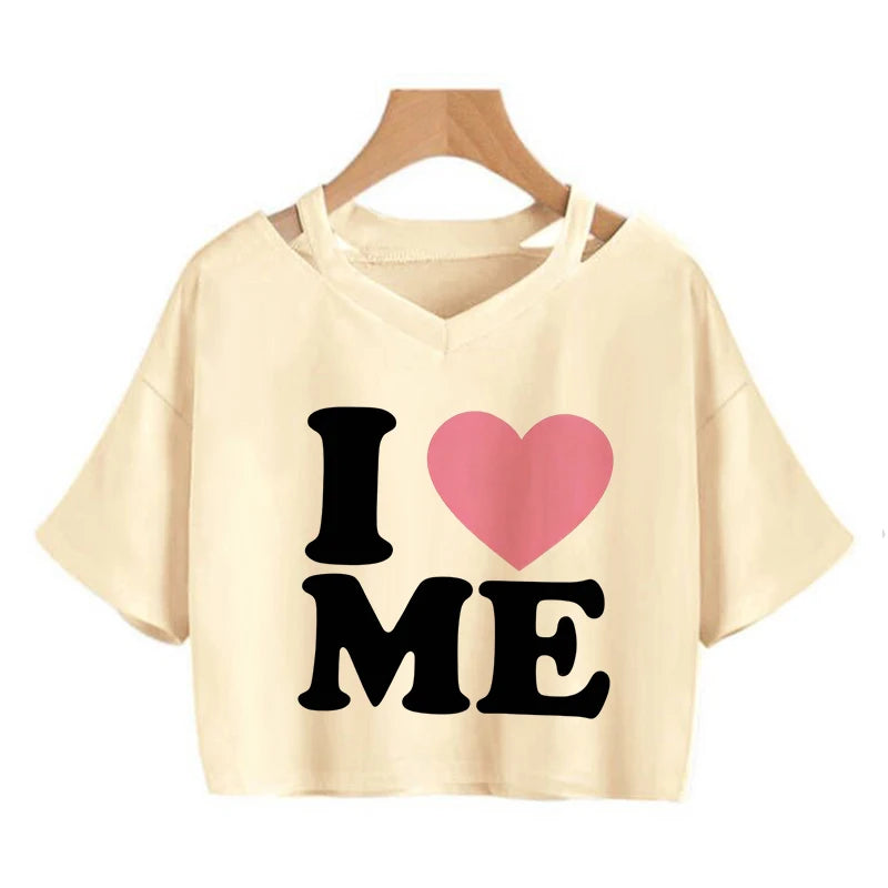 Women's Letter I Love Me Print Short Sleeve Crop Tops for Summer and Spring 90s Y2K Style Cropped T Shirt Clothes