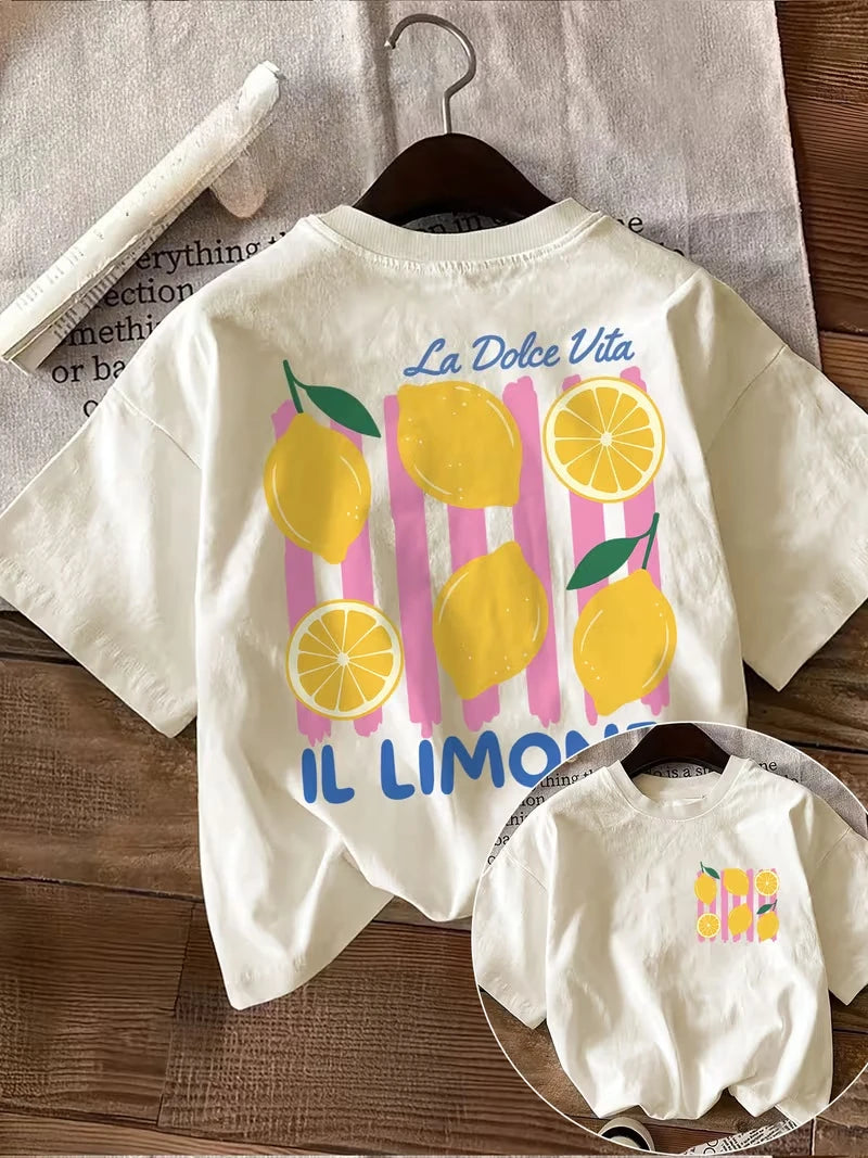 Lady's T-shirt Bright Lemon Graphic Print T-shirt Short Sleeve Crew Neck Casual Top for Summer Spring Women's Clothing