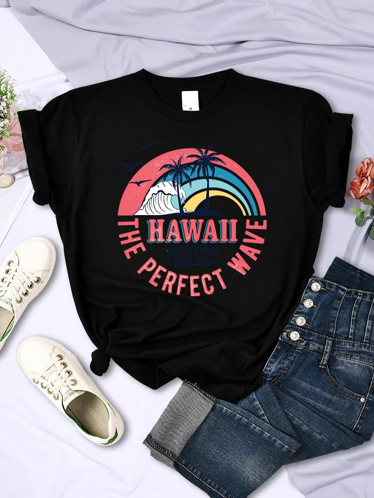 Hawaii The Perfect Wave Womens Tshirt Summer Breathable Casual T Shirt Fashion Soft Tops Hip Hop Oversize Fashion T Shirt Women