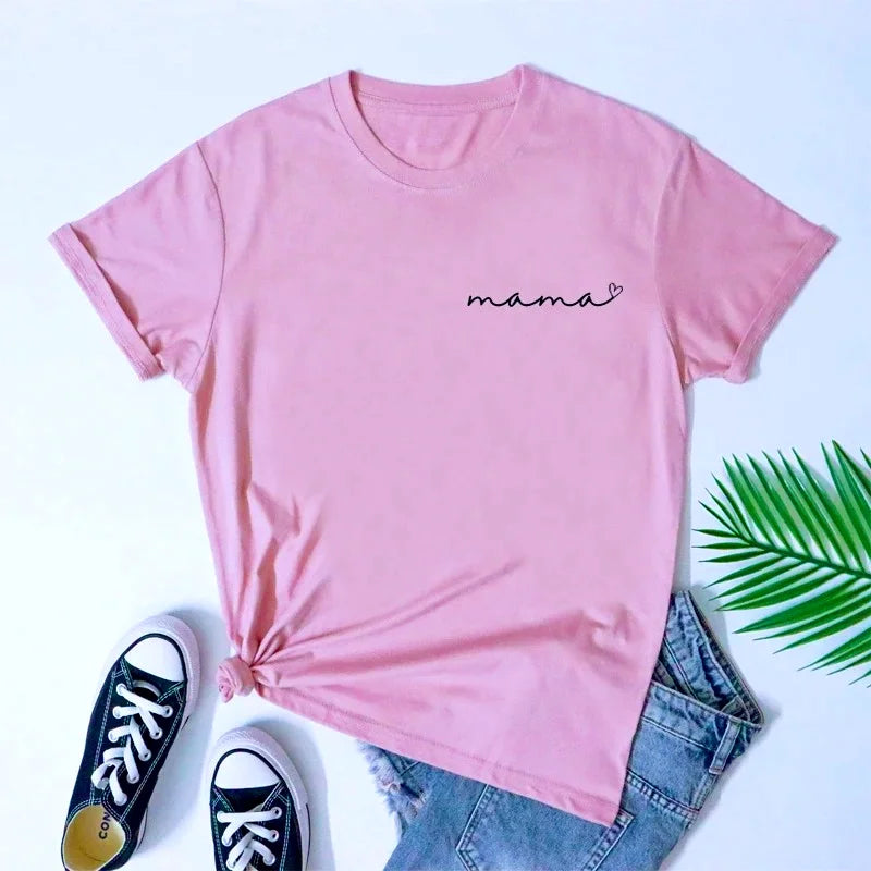 Mama Heart Pocket Print T-Shirt Cute Mother's Day Gift Shirt Camiseta Stylish Cool Mom Grunge Tee Top Summer Women‘s Y2K Clothes