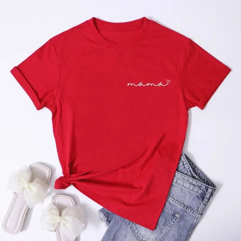 Mama Heart Pocket Print T-Shirt Cute Mother's Day Gift Shirt Camiseta Stylish Cool Mom Grunge Tee Top Summer Women‘s Y2K Clothes